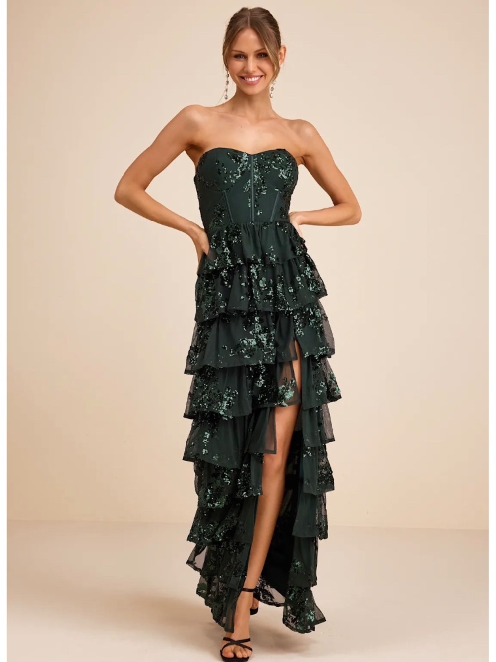 NWT Lulus Definite Glamour Emerald Sequin Strapless Bustier Maxi Dress M - Picture 5 of 5